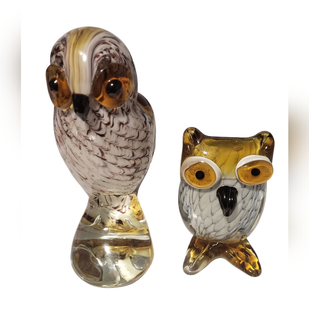 Art Handmade Glass Heavy Mother And Baby Owl Craft Decoration Paperweight  Set.